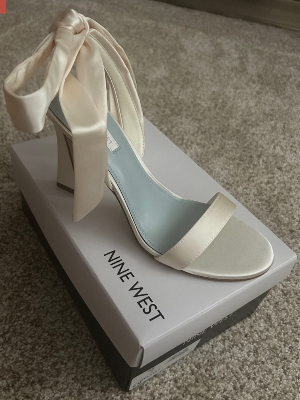 Nine West Ivory Satin Ankle Tie Block Heel Sandals